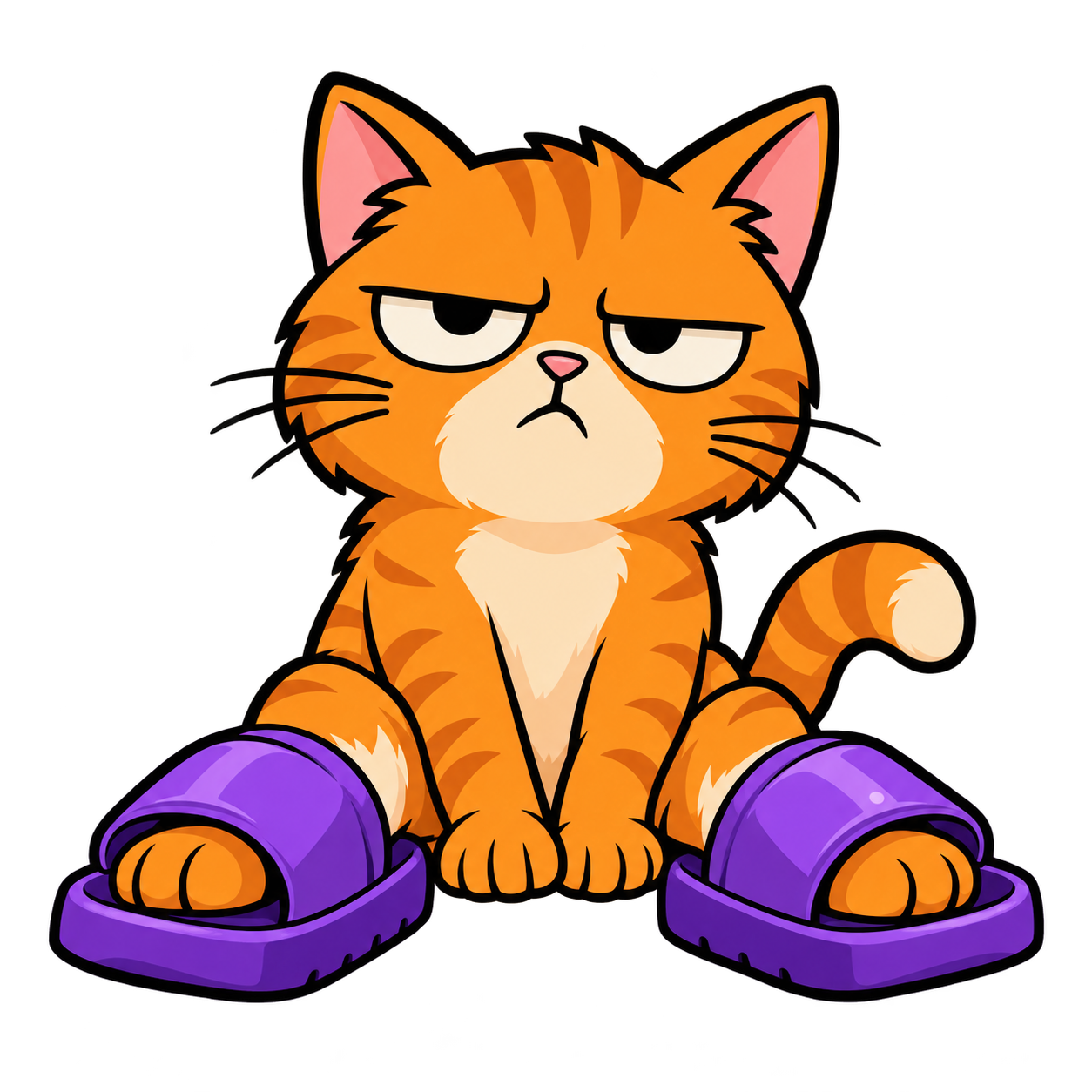 The Cat in Slides mascot: a serious orange cat wearing oversized purple slides